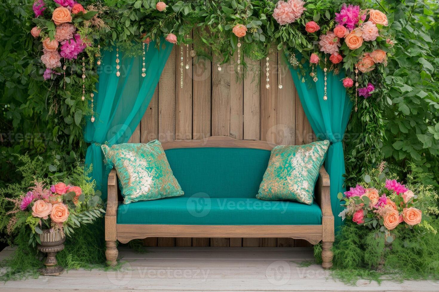 Boho garden setting with floral arch and wooden backdrop creates a festive outdoor ambiance photo