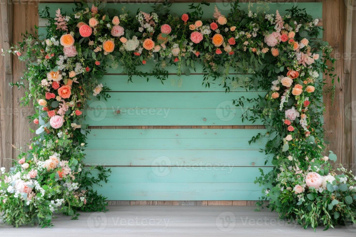 Charming boho garden setting with vibrant flower arch and wooden backdrop for outdoor celebrations photo