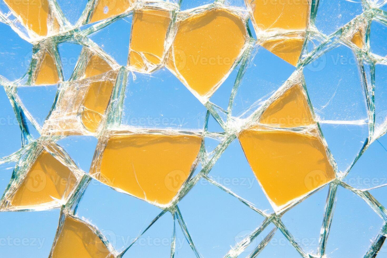 Close-up of shattered glass window showcasing intricate fractures and forensic evidence in a tense atmosphere photo