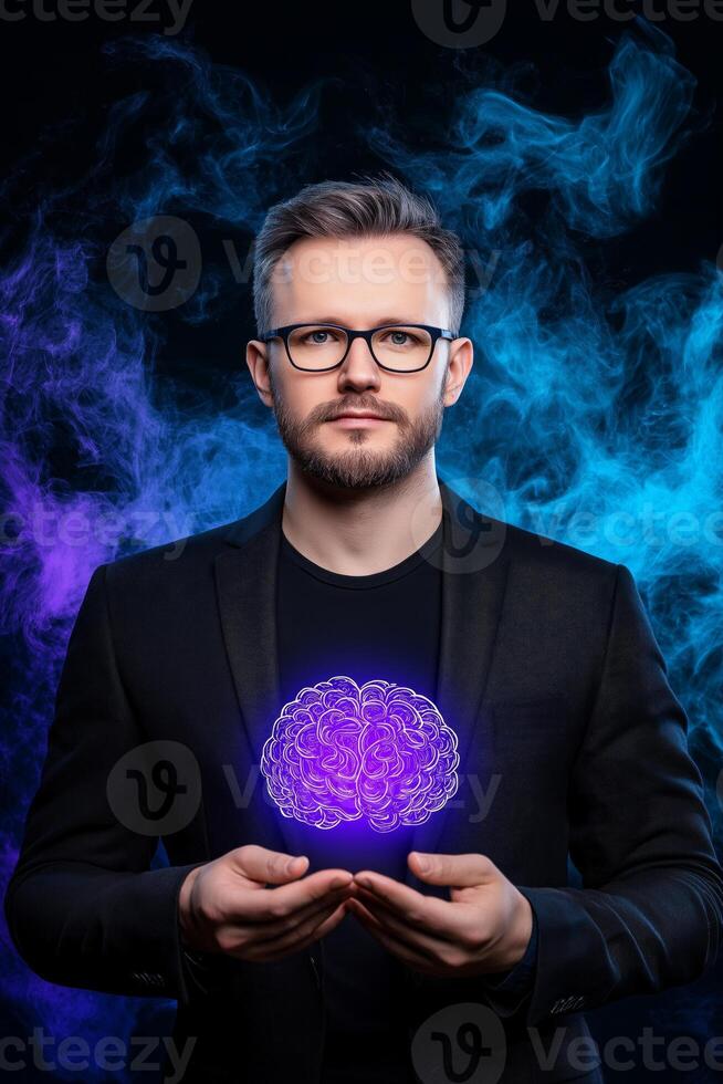 Businessman presents a holographic digital brain symbolizing artificial intelligence and machine learning photo