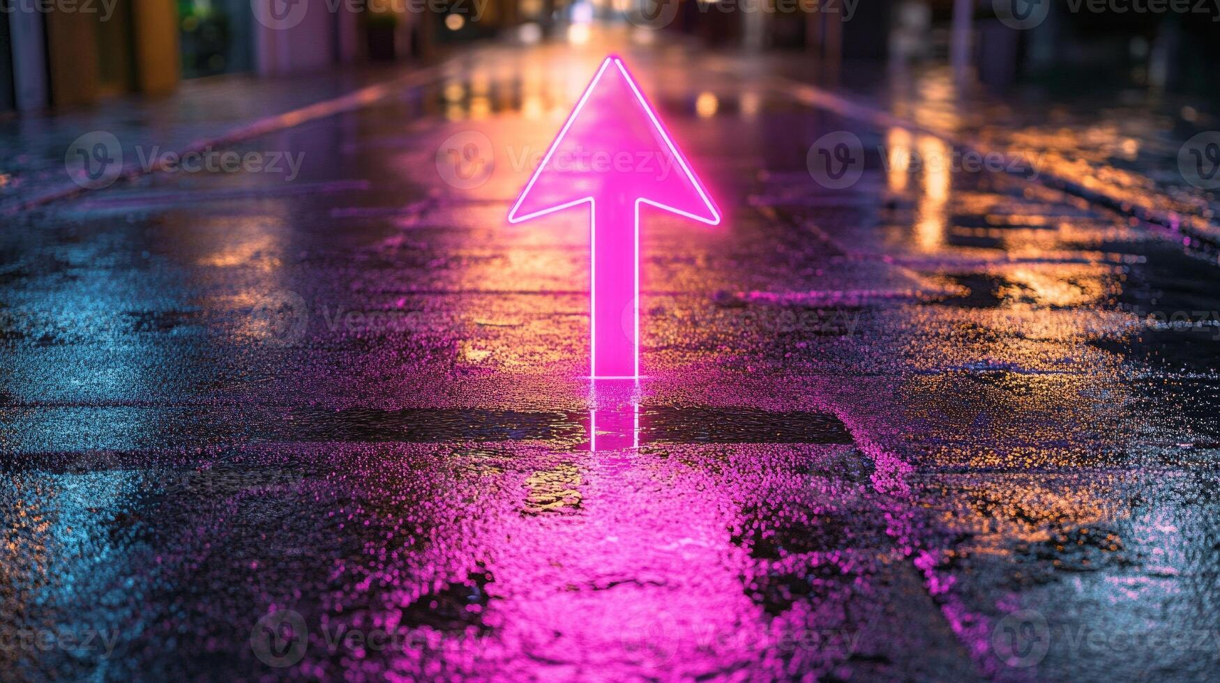 Neon pink arrow illuminating a dark urban street at night with reflections on the wet pavement photo