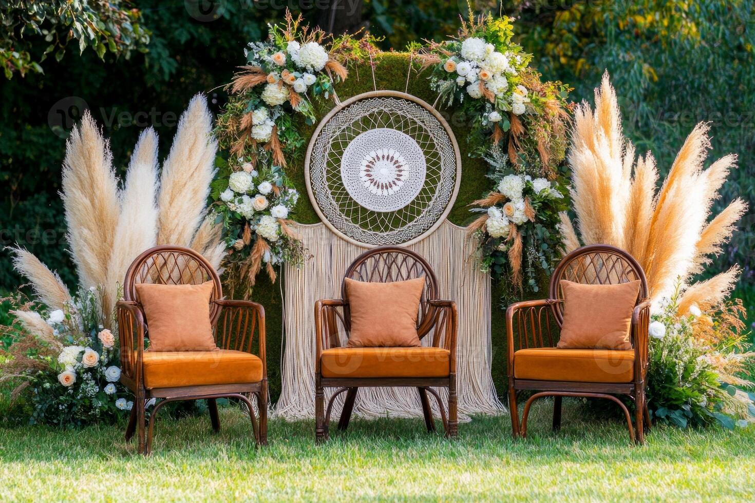 Rustic outdoor boho wedding setting featuring a dreamcatcher backdrop and vintage wooden chairs with terracotta cushions photo