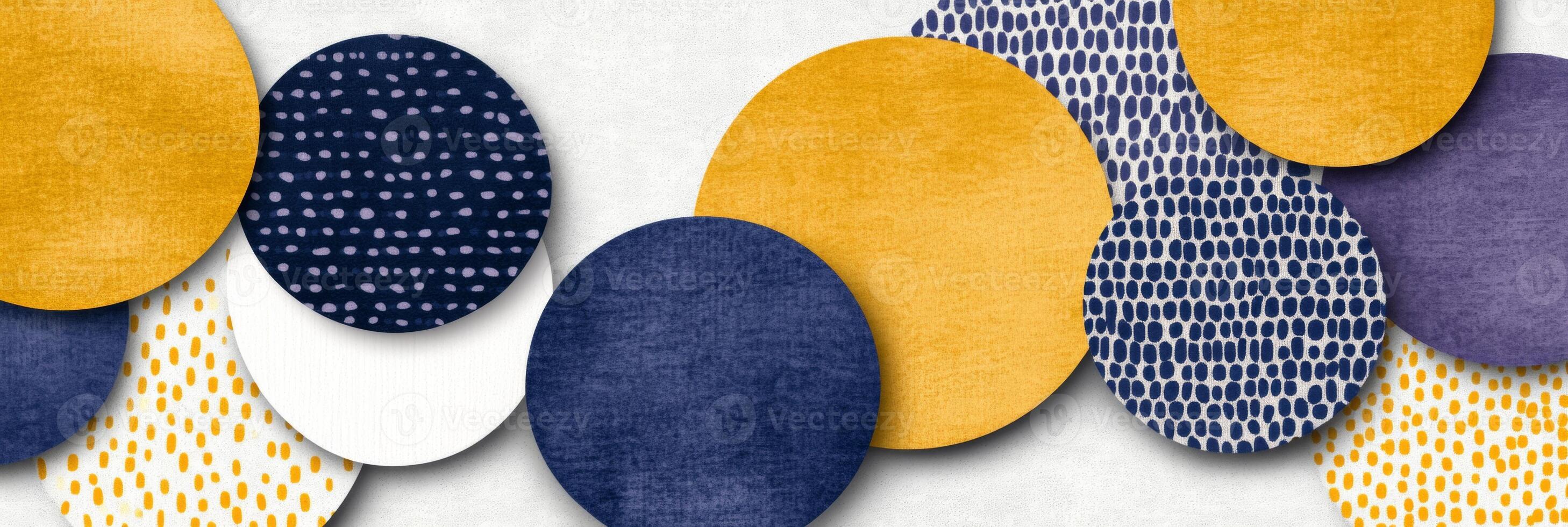 Abstract geometric shapes in mustard yellow, navy blue, and lavender purple with soft lighting on a gradient background photo