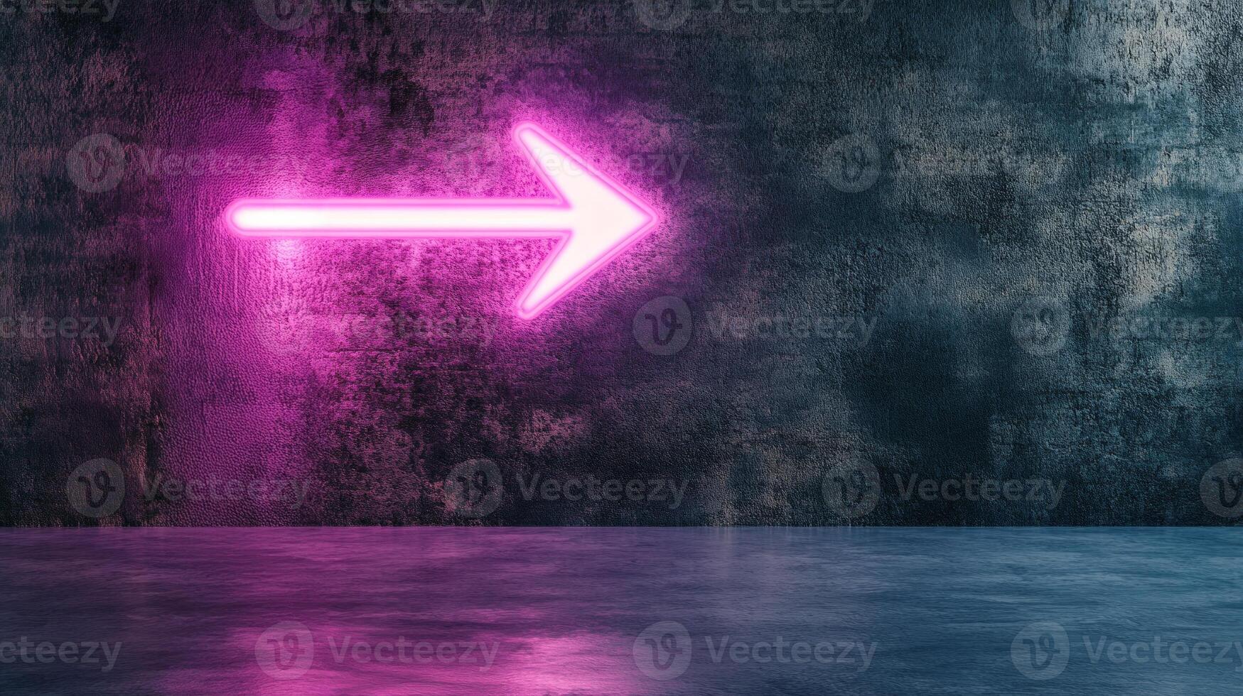 A glowing neon pink arrow sign illuminated against a textured dark wall in a modern setting at night photo