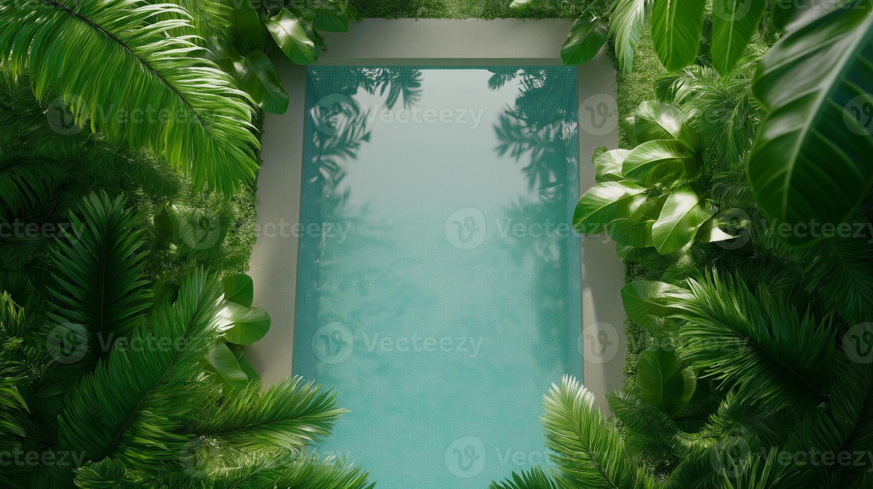 Secluded tropical poolside area at a beach resort surrounded by lush greenery and palm trees photo