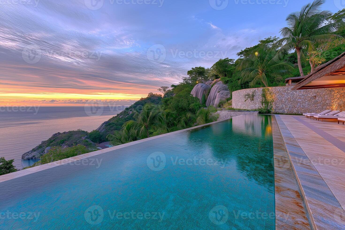 Relaxation at a high-end resort infinity pool with sunset view over the ocean and palm tree reflections photo