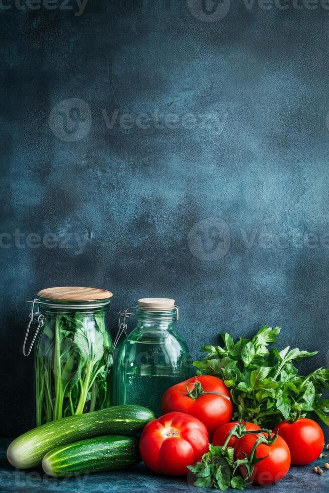 Fresh vegetables in glass containers surrounded by reusable bags on a rustic table promoting a sustainable lifestyle photo