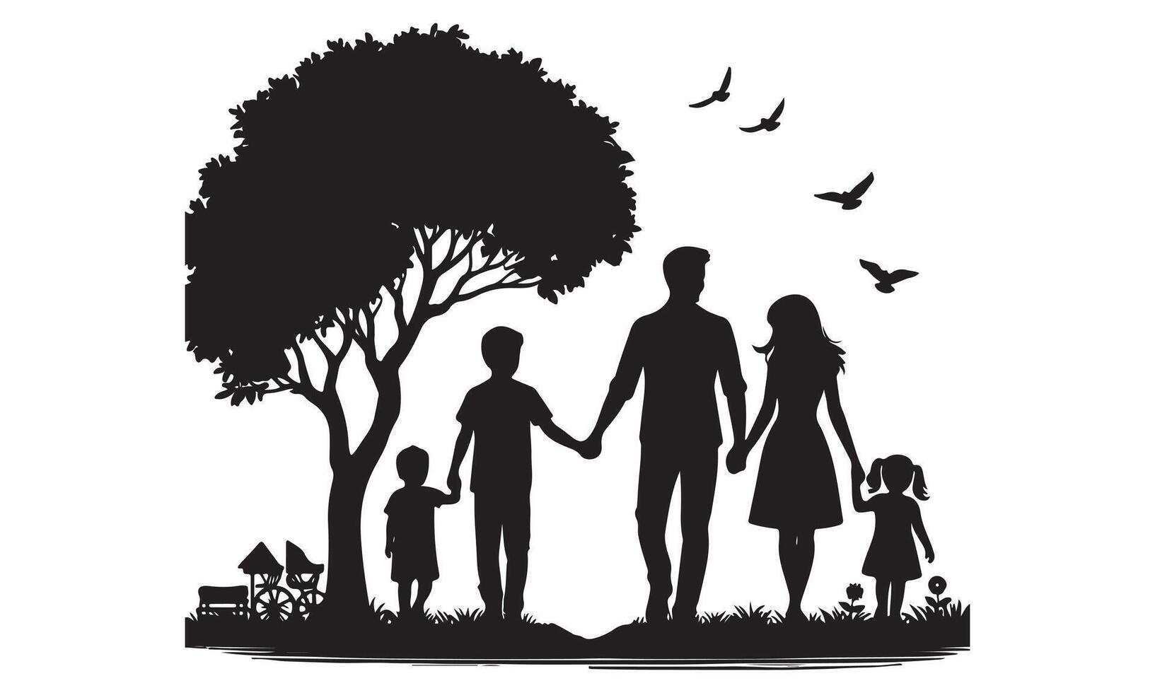 Silhouette of a family walking under a tree vector