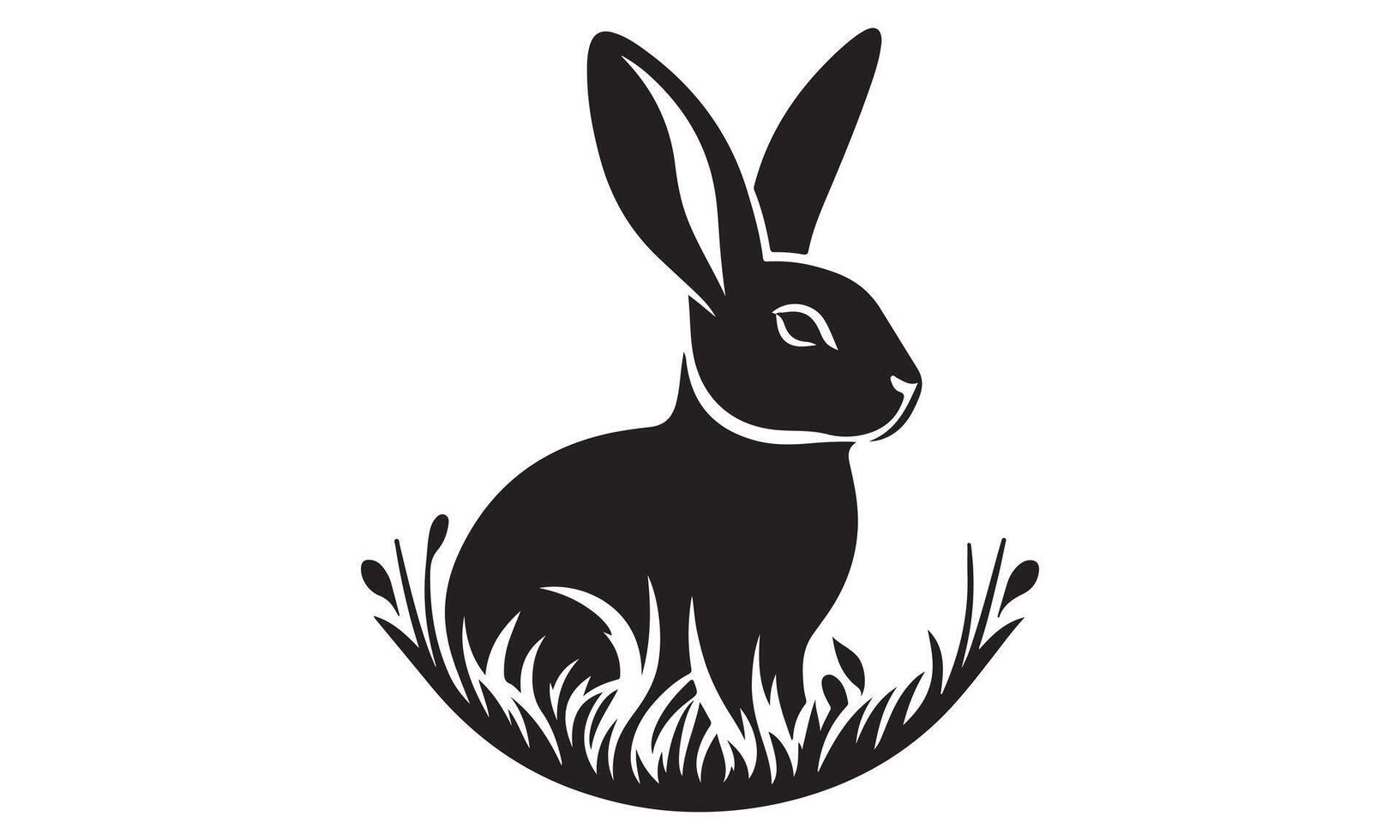 A black and white silhouette of a rabbit sitting in the grass vector