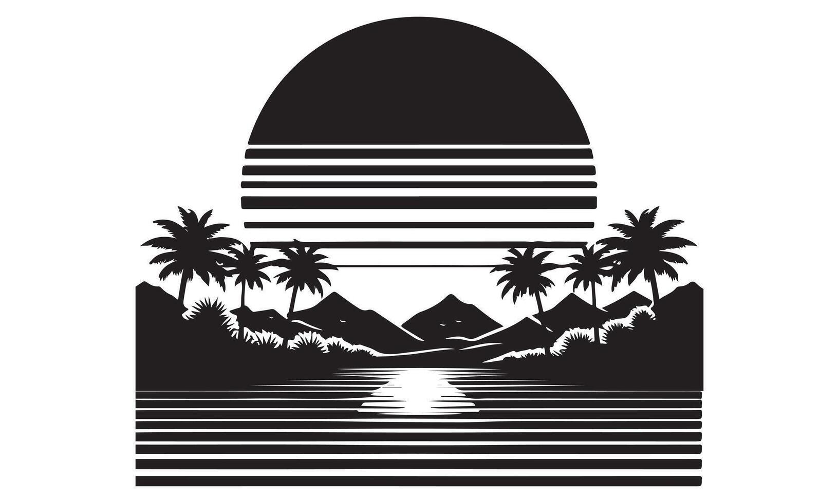 A black and white logo with palm trees and mountains vector