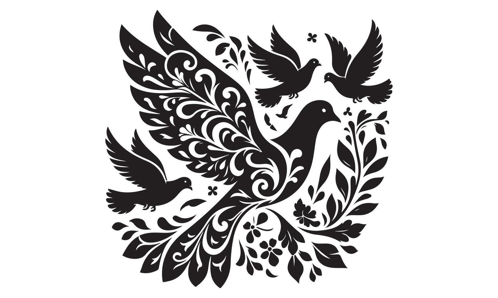 A black and white illustration of a dove with flowers vector