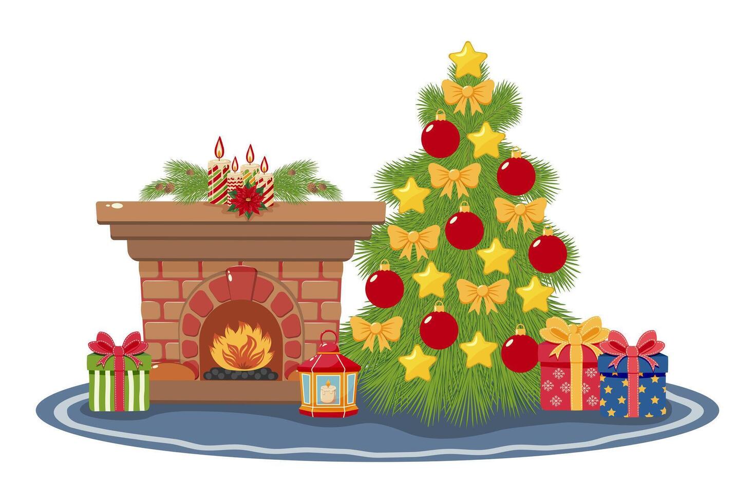 Christmas fireplace with decorated tree, candles, and gift boxes on white background. Holiday celebration and winter season concept for greeting card and print. vector