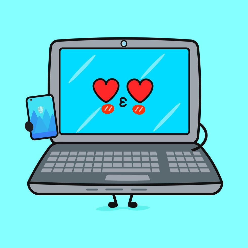 Laptop in love character. hand drawn cartoon kawaii character illustration icon. Isolated on blue background. Laptop character concept vector