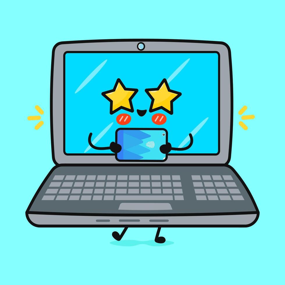 Laptop with smartphone character. hand drawn cartoon kawaii character illustration icon. Isolated on blue background. Laptop character concept vector