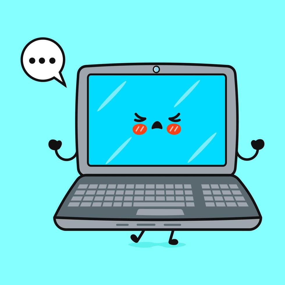 Angry Laptop character. hand drawn cartoon kawaii character illustration icon. Isolated on blue background. Sad Laptop character concept vector