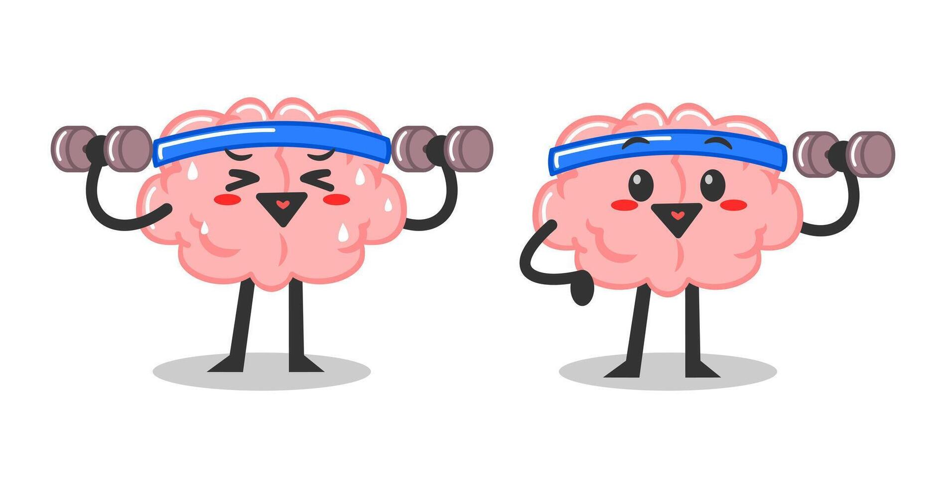 brain cute mascot doing exercise with dumbbell. funny sporty cartoon brain mascot character. vector