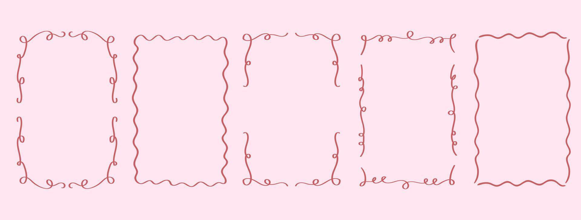 Set of drawing pink wavy elegant outline frame. Abstract curve whimsical border. Vertical border frame card vector
