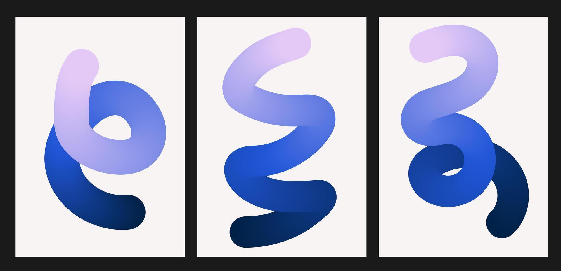 Set of posters with abstract gradient blend swirl line. Vertical background with blue wavy line. Gradient 3d blend stroke vector