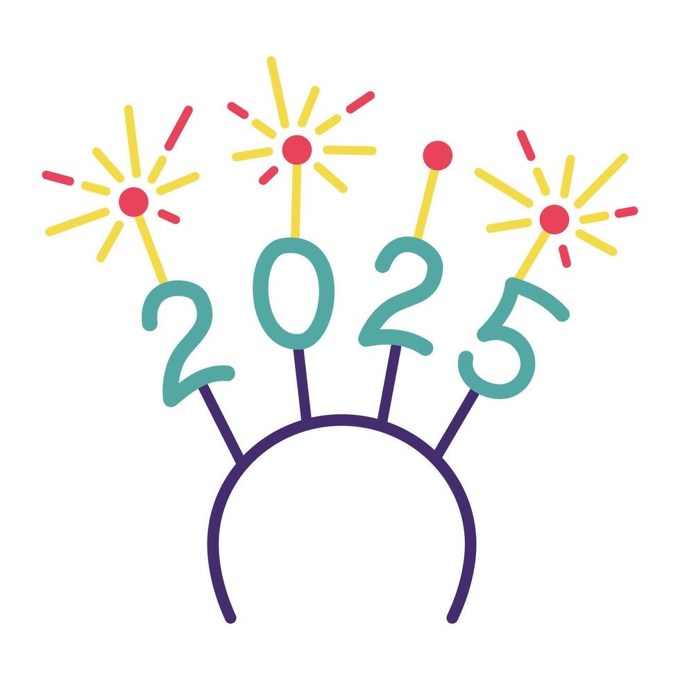 2025 new year celebration. Hairband with sparklers in cartoon flat style design element. vector