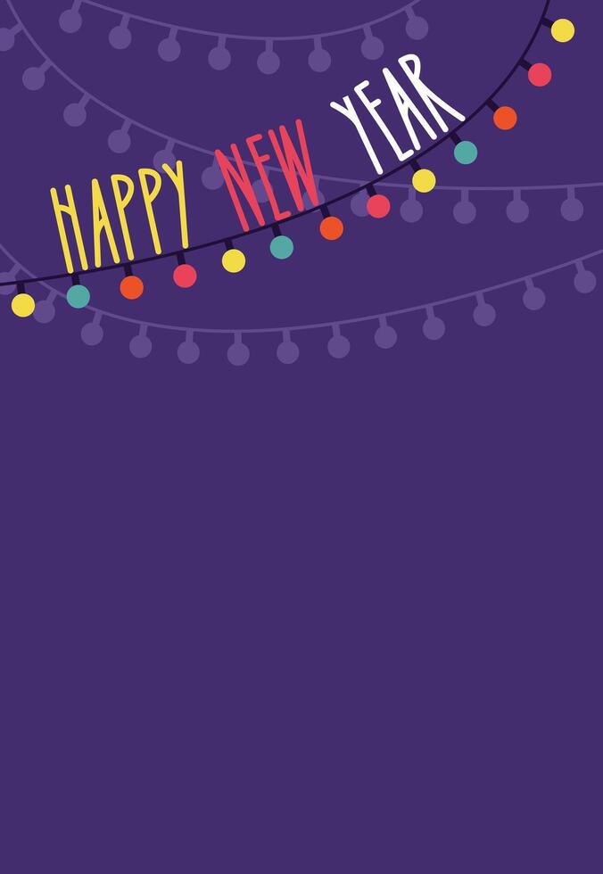 Happy New Year poster template, invitation, advertisement, greeting card. Purple background with garland. vector