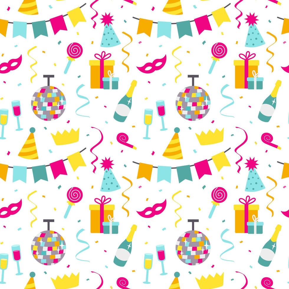 Seamless pattern with party decoration elements in cartoon flat style on white background. vector