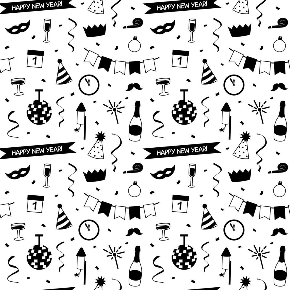 New year party celebration seamless pattern. Black silhouette doodle pattern on white background vector
