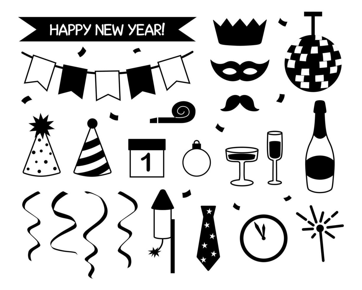 New year party set of black silhouette doodle elements in cartoon flat style. vector