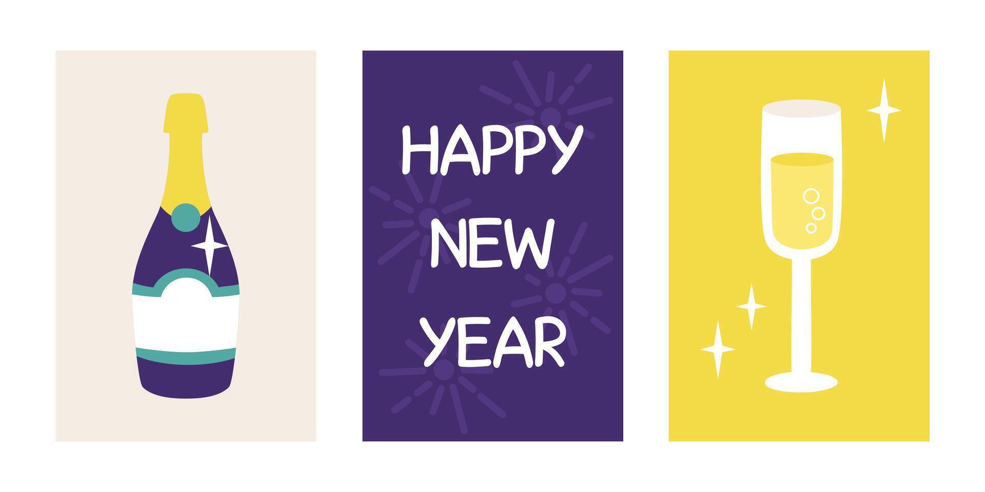 Happy New Year celebration cute posters, greeting cards, banners set. Bottle and a glass of champagne in a cartoon flat style. vector