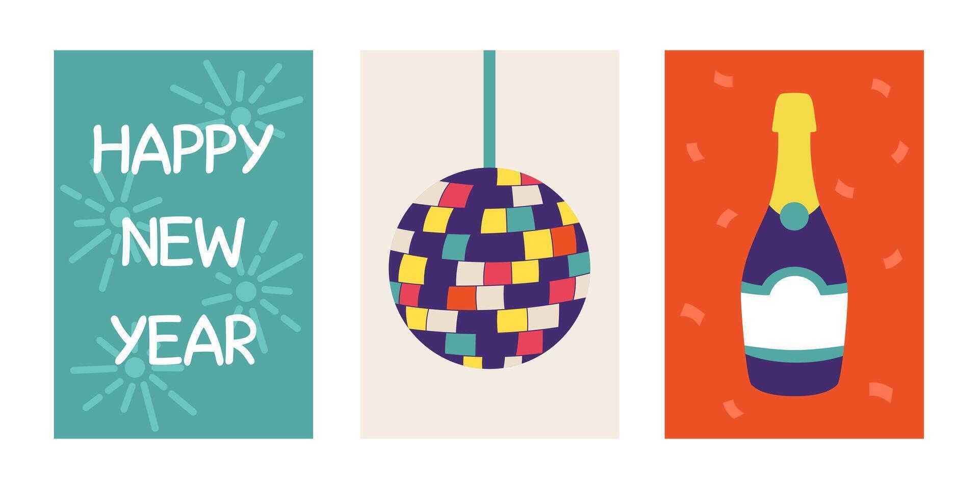 Happy New Year celebration cute posters, greeting cards, banners set. Disco ball and bottle of champagne in a cartoon flat style. vector