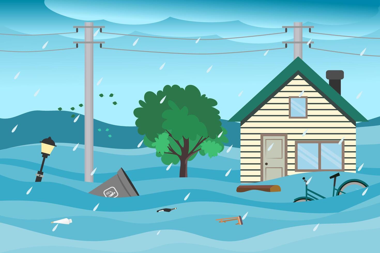 Flood disaster in town. Flooded buildings. vector