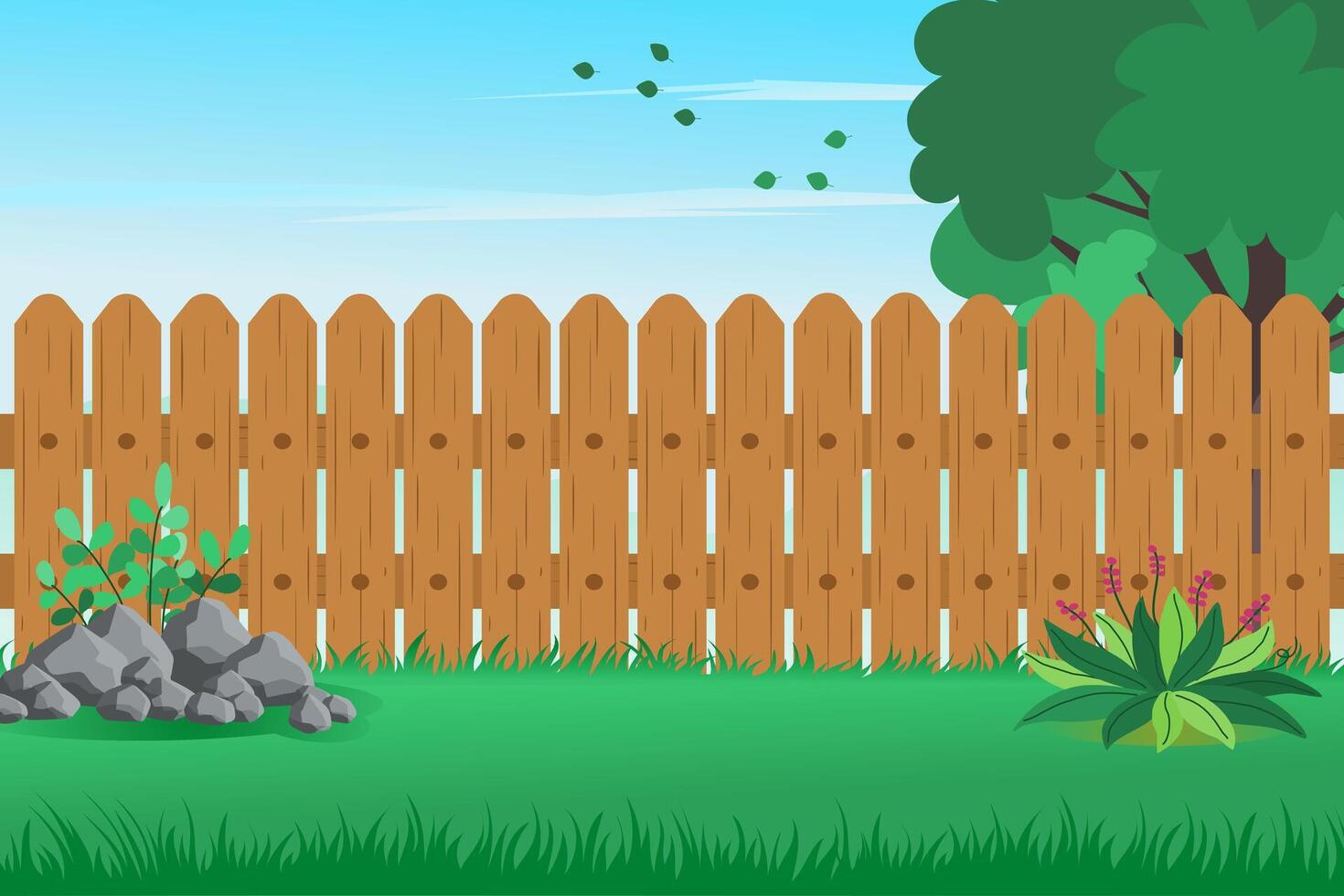 House backyard with wooden fence, rocks, trees, green grass, and flowers vector
