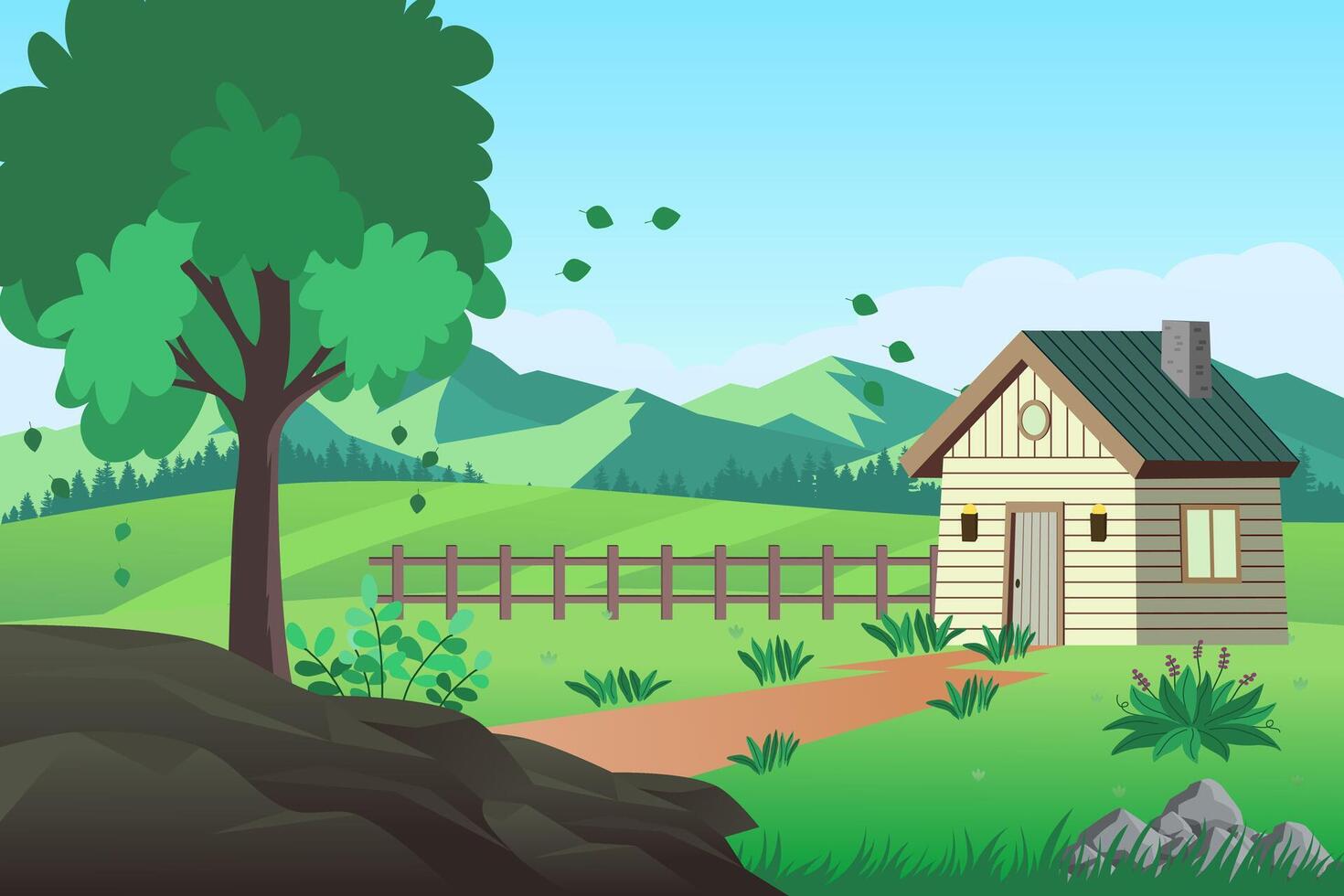 Wooden house in a beautiful countryside with beautiful views of mountains and trees vector