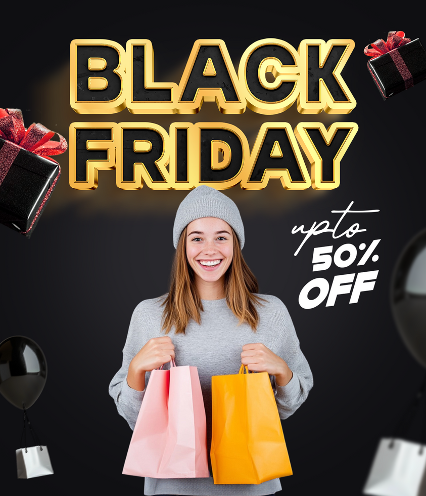 Black Friday special sale poster design with Black Friday women holding shopping bag background psd