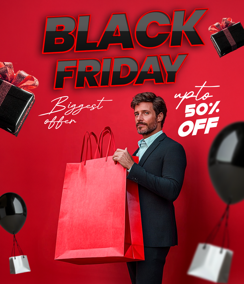 Black Friday up to discount sale poster for social media with man holding shopping bag psd