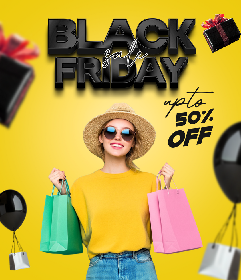 black Friday up to sale poster design woman with Black Friday shopping bag Black Friday sale psd