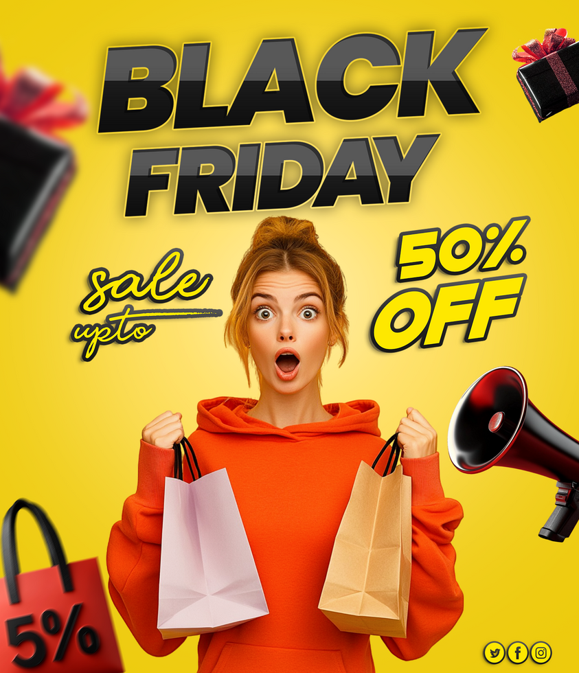 Black Friday up to sale poster template design for social media post woman with shopping bag psd