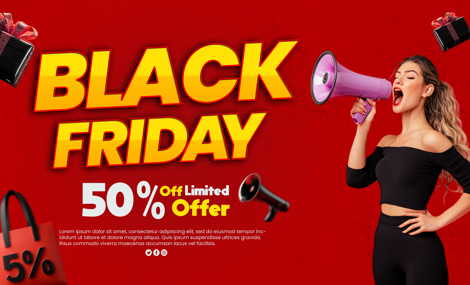 Black Friday discount sale banner with girl announcing Black Friday discounts through megaphon psd