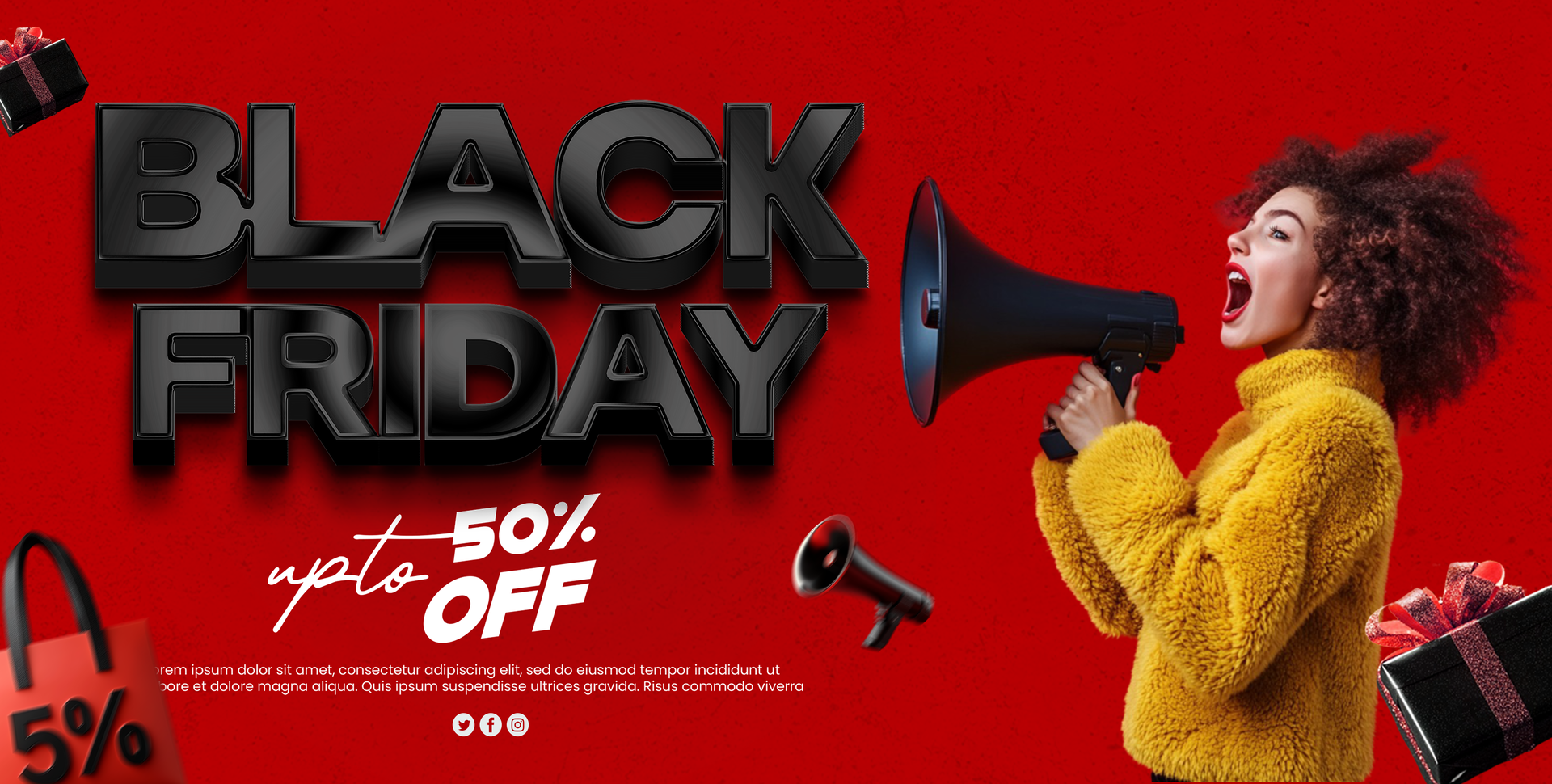 Black Friday discount sale poster with girl announcing Black Friday discounts through megaphone psd