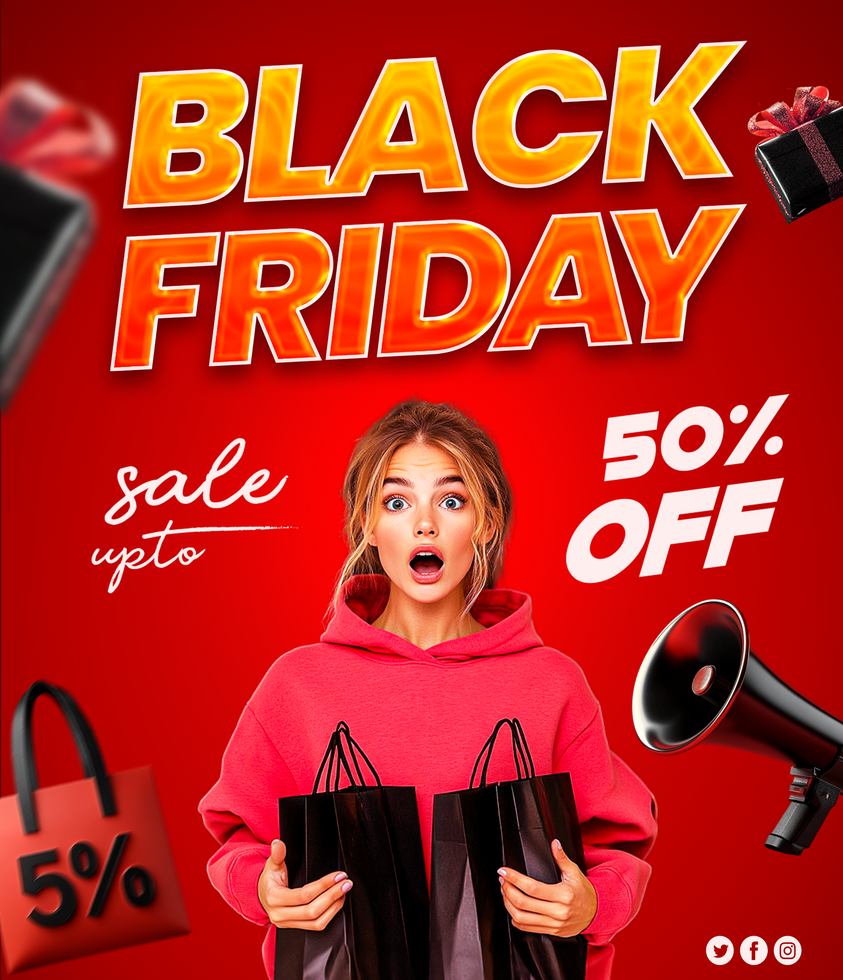 Black Friday up to sale poster template design for social media post woman with shopping bag psd