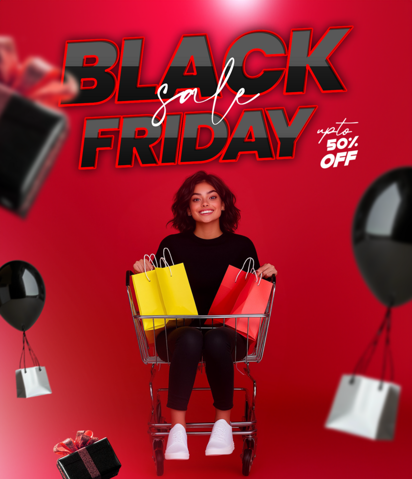 Black Friday sale post with woman sitting on shopping cart Black Friday discount sale background psd
