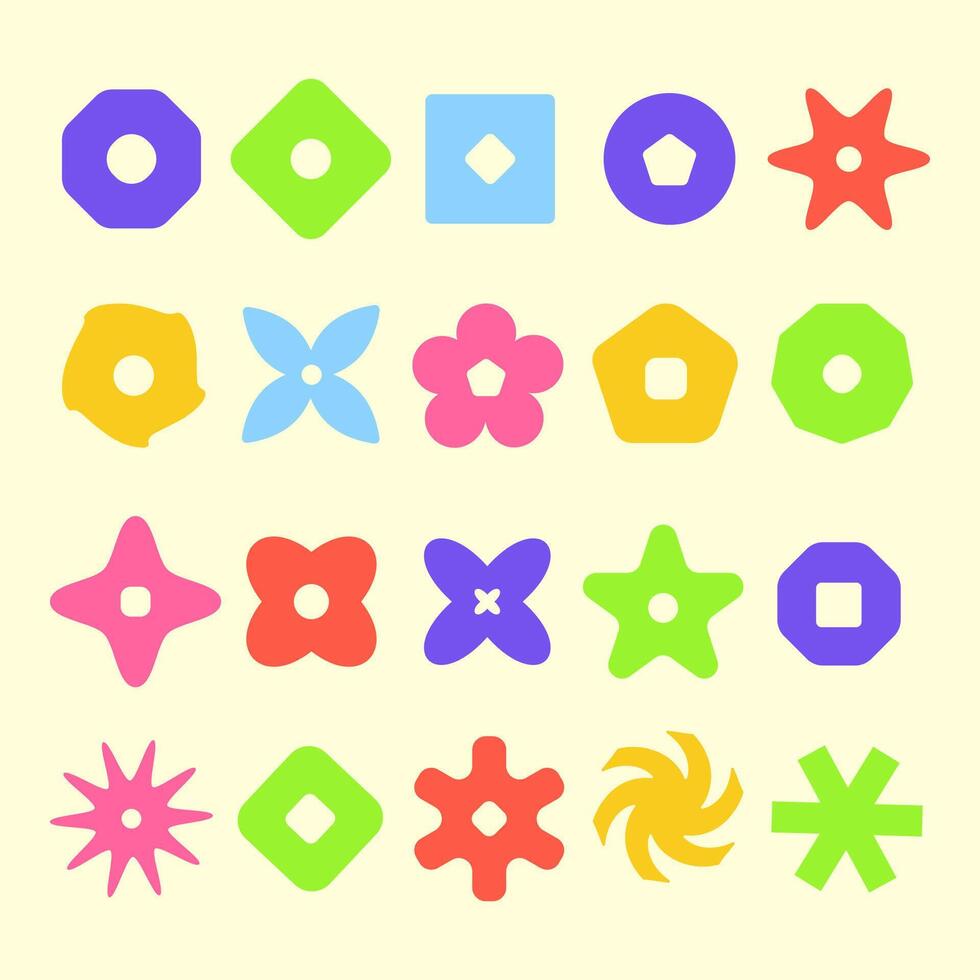 Abstract geometric shapes icons and signs collection. Colorful brutal figures.Y2k abstract groovy shape set.Abstract retro geometric shapes suitable for children's design. illustration vector