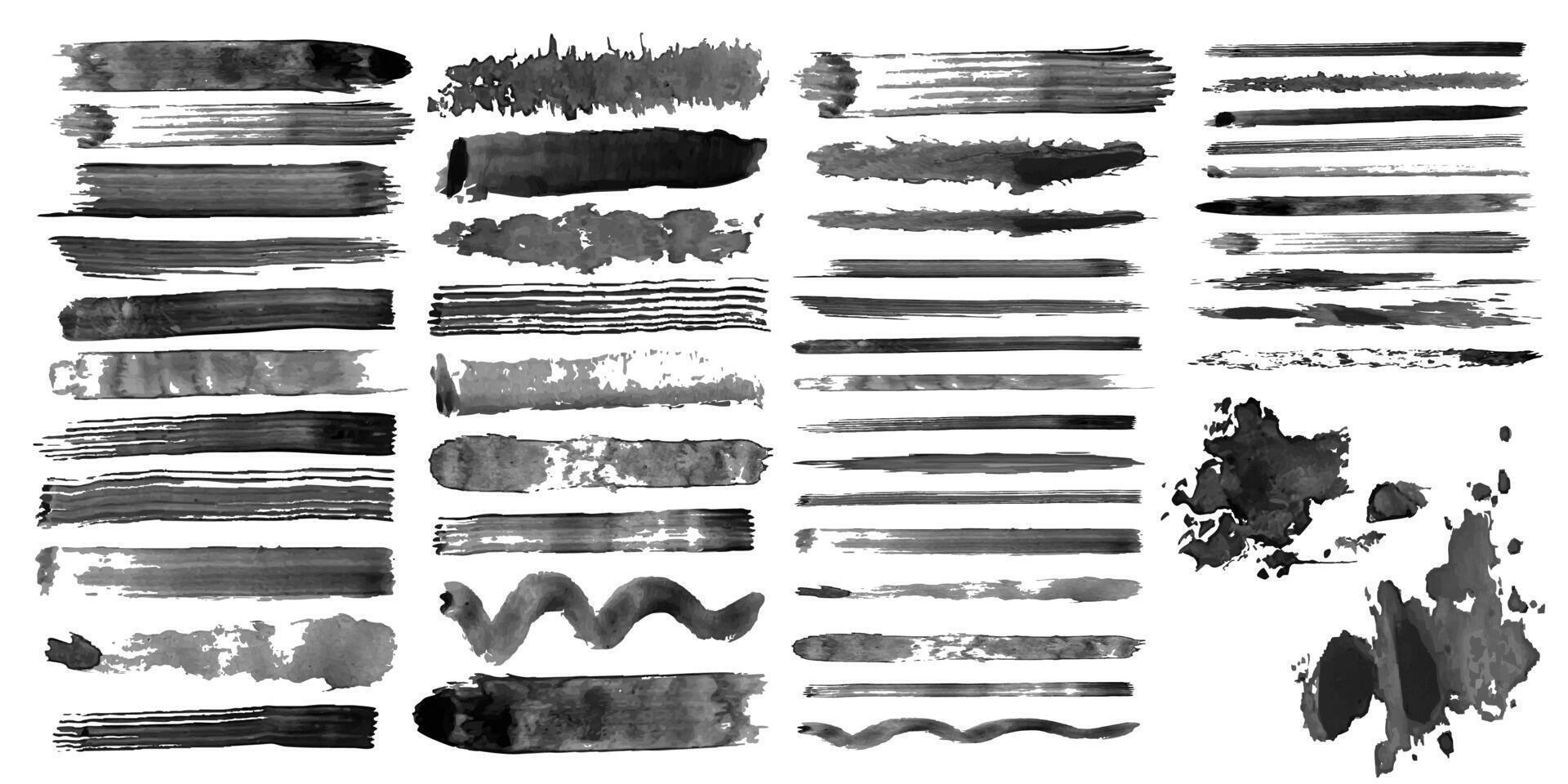 Watercolor brushes and spots blot set. Black ink paint brush stroke,line, texture,splash, dirty overlay. Paint artistic dry brush stroke. Different grunge lines collection design elements vector