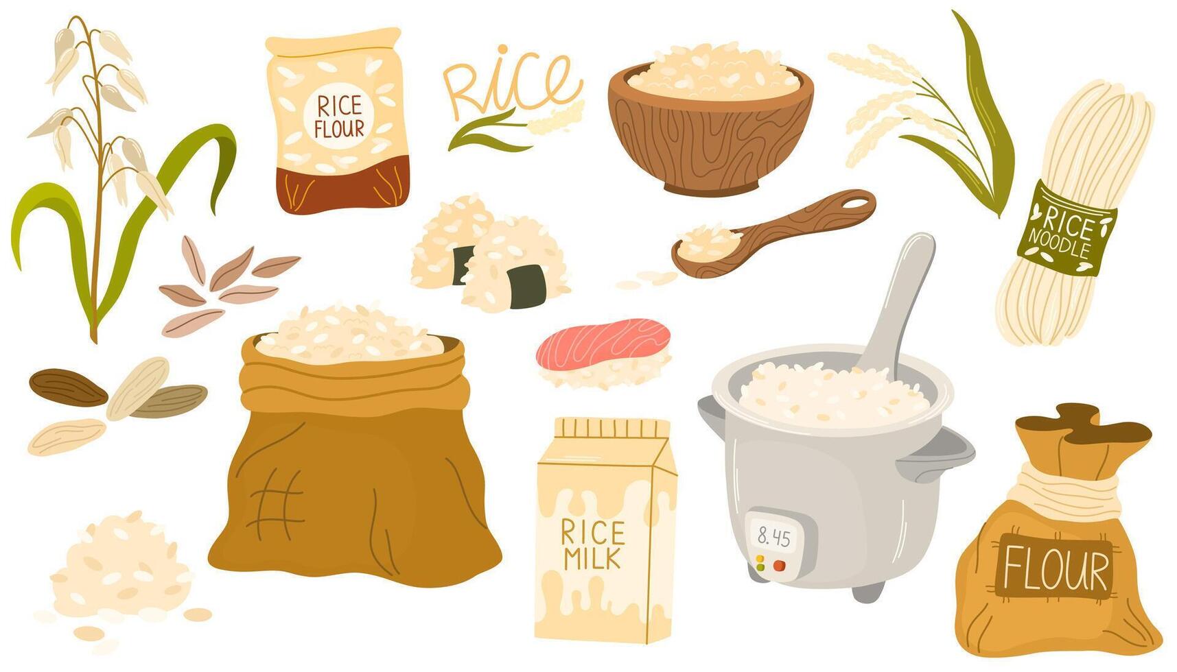 Rice icon set. Cereal products, various breakfast grains, stalks, boxes, and sacks with flour. Rice products, noodles, sushi, flour. Rice variety, plants from plantation, products. vector