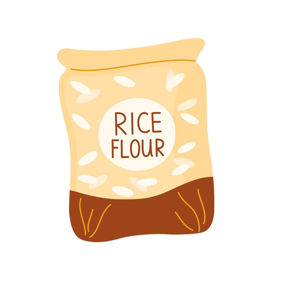 Rice flour in paper bag. Closed pack, package with baking ingredient. Product for cooking. Flat cartoon illustration isolated on white background vector