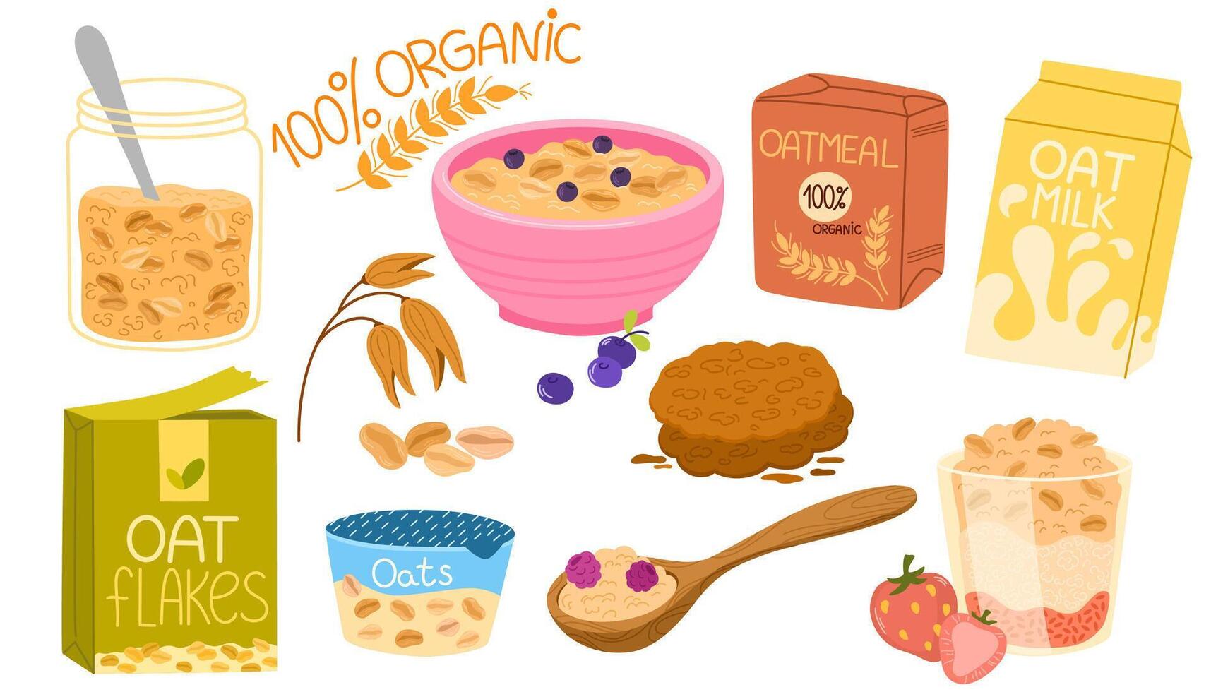 Oatmeal breakfast, porridge, oat flakes in box, bowl with fruit and berries in milk, jar of granola set. Healthy food, grains, ripe plant, spoon with nourishment concept. Cartoon illustration vector