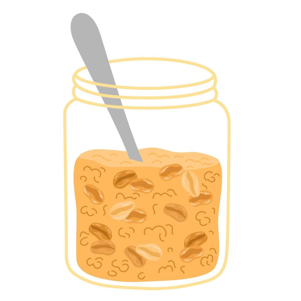 Oatmeal or granola flakes in glass jar with spoon. Healthy cereal breakfast icon. Oat snack, delicious snack. Cartoon Illustration isolated on white background. vector
