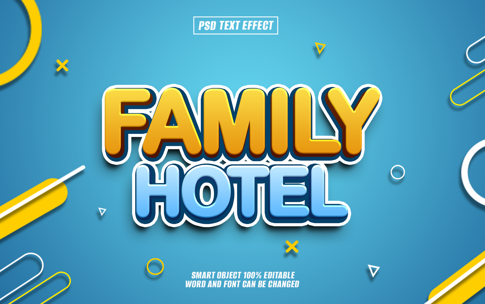3D text effect for the words Family Hotel in a blue and yellow color scheme. psd