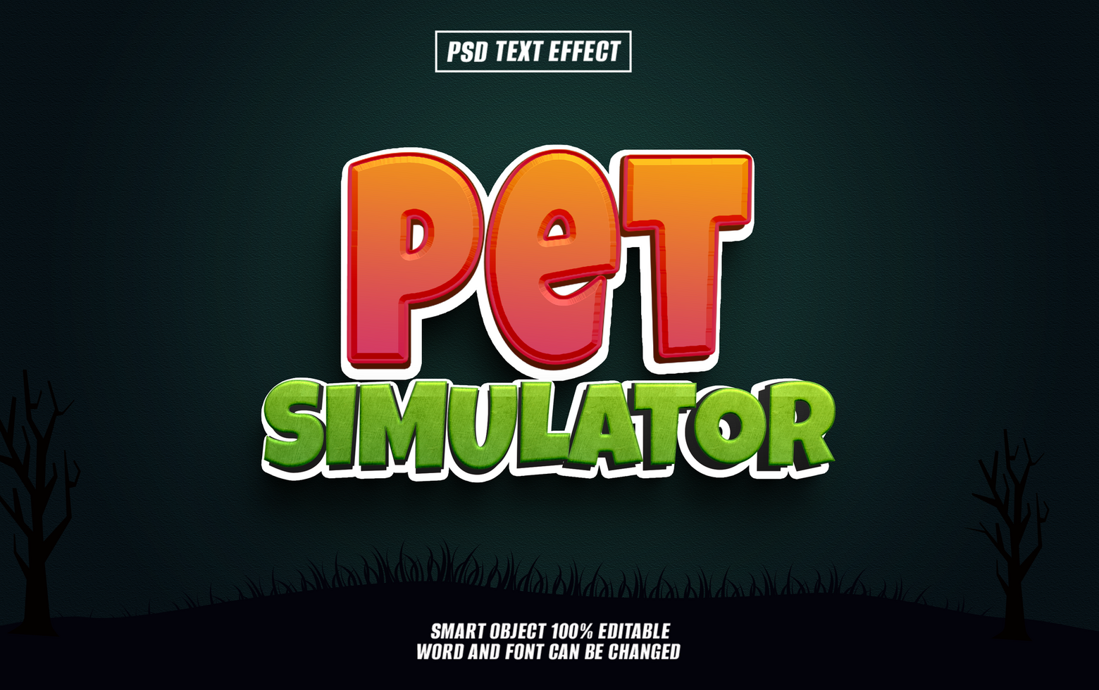 Colorful 3D text effect with Pet Simulator text on a dark background. psd
