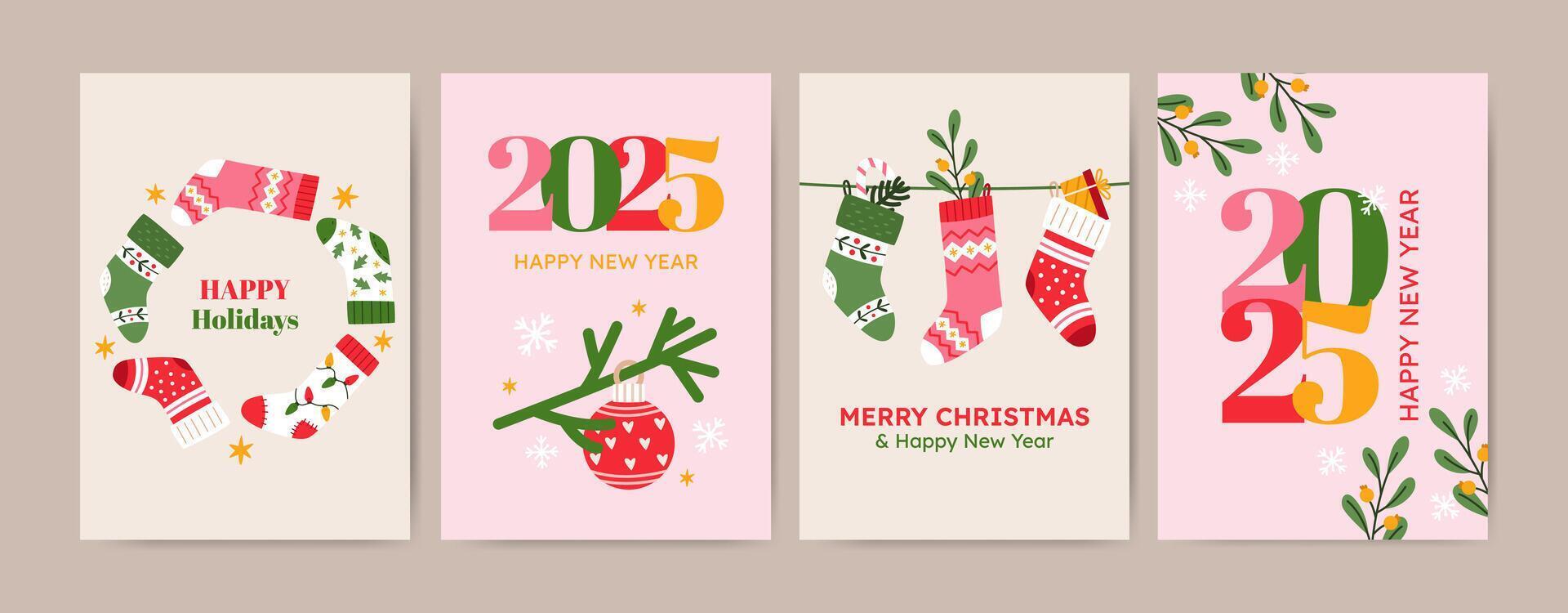 Merry Christmas greeting card Set. Xmas design with typography and Christmas socks. Hand drawn illustration for season banner, poster, cover. vector