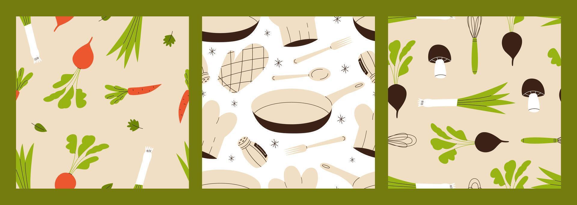 Kitchen tools and food seamless pattern set. Kitchen utensils and vegetables background. Cute illustration with cooking objects. Flat illustration. vector